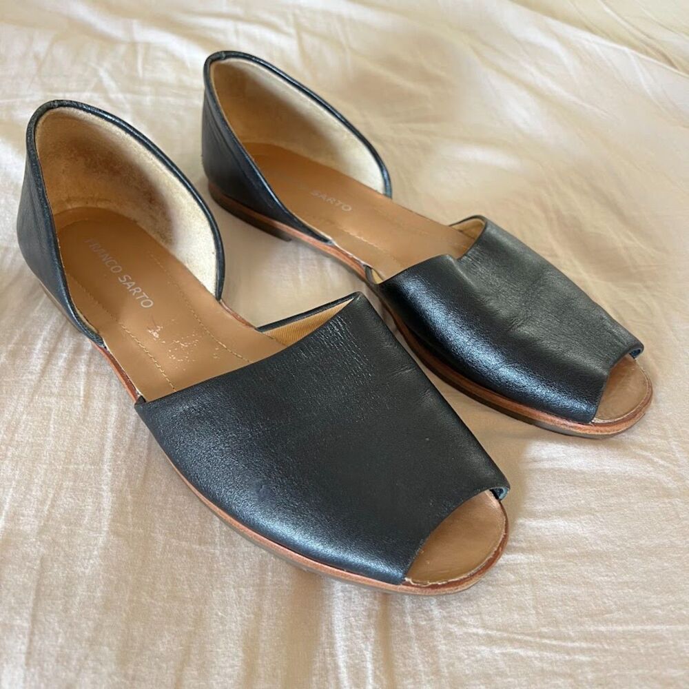Women's Franco Sarto Venezia Black Leather D'Orsay Peep Toe Flats Size 10